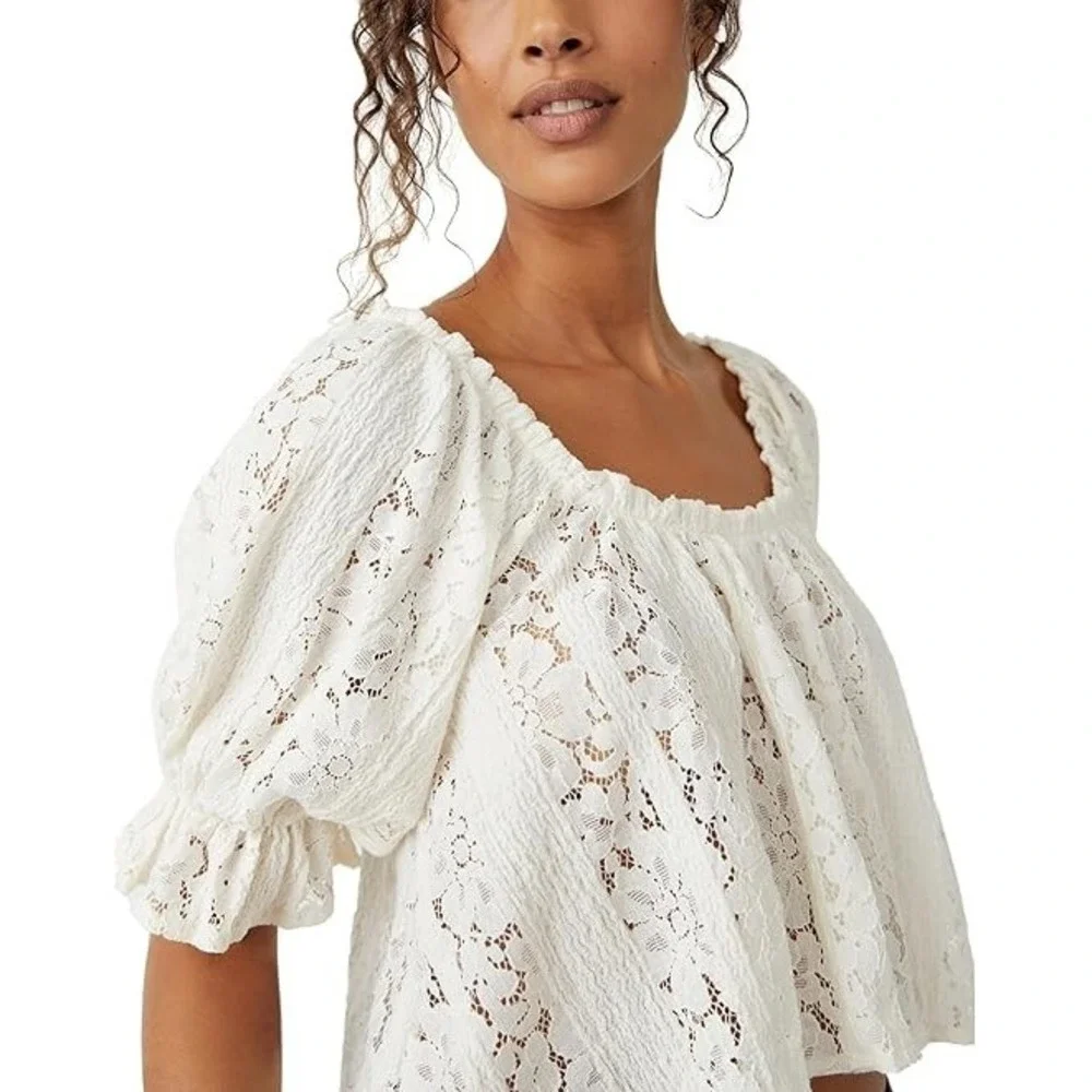 Free People Stacey‎ Lace Top White Sheer Boho Cottagecore Romantic S